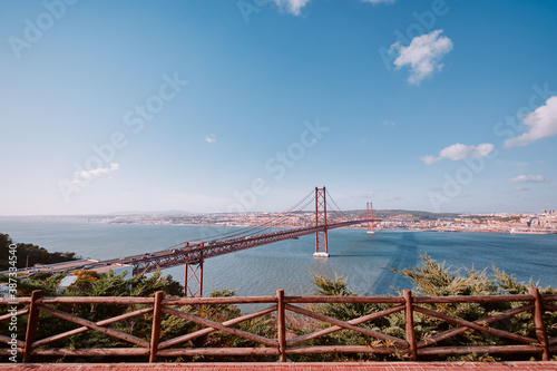 Beautiful landscape with suspension 25 April bridge bridge over the Tagus river in Lisbon  Portugal.