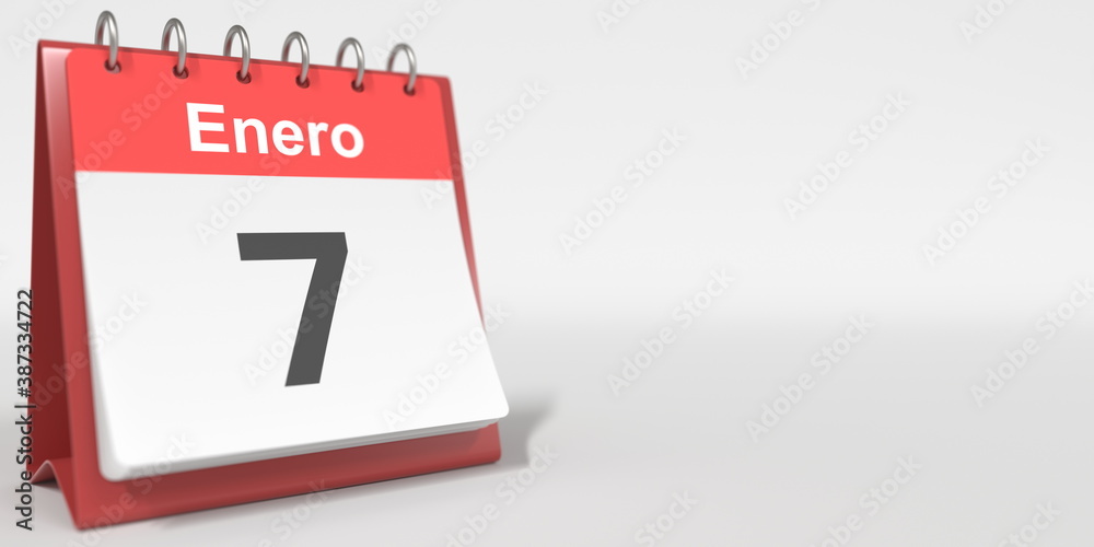 January 7 date written in Spanish on the flip calendar, 3d rendering January 7 date written in Spanish on the flip calendar, 3d rendering