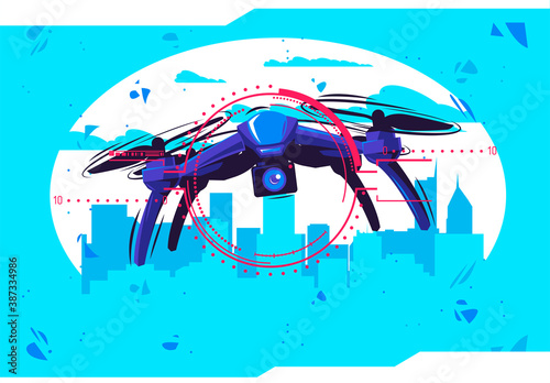 Vector illustration of a flying drone over the silhouette of a large city, with elements of a graphic projection of the drone's camera