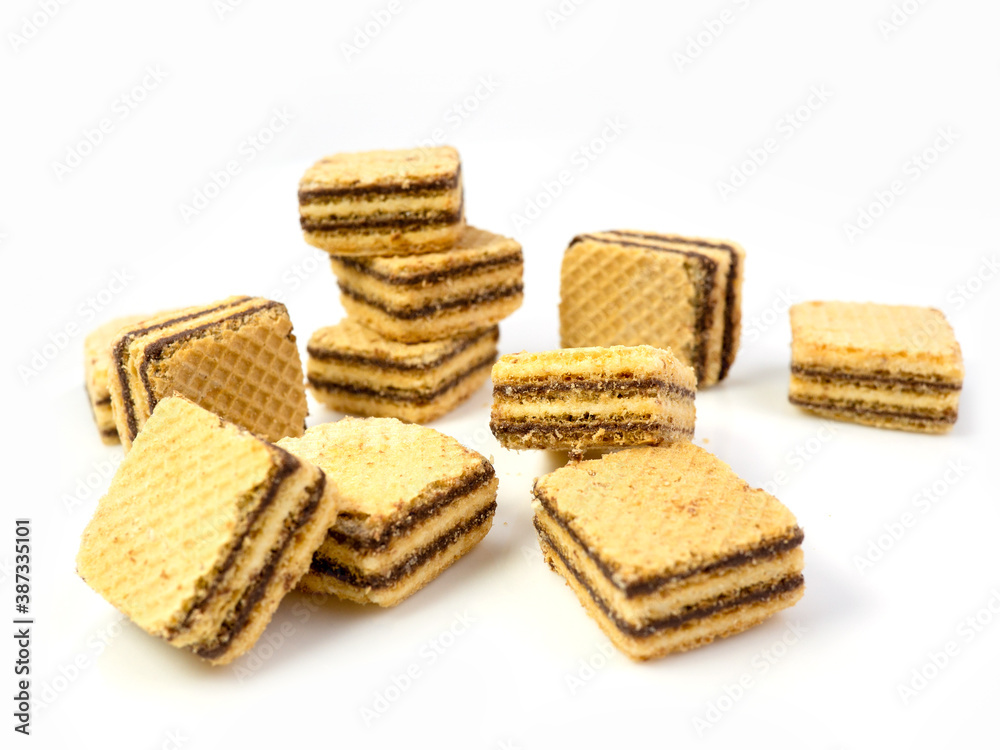 Crispy chocolate wafer flavor, square wafer biscuits on white Crispy chocolate wafer flavor, square wafer biscuits on white