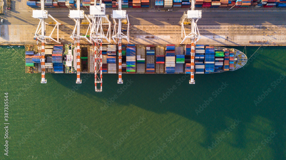 Aerial top view commercial dock freight transportation global business, Container ship business seafreight logistics import export freight shipping, Container vessel cargo freight ship port of loading