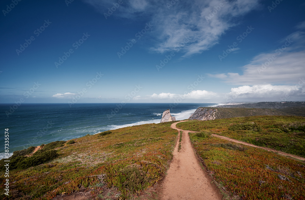 Picturesque pathway on rock ocean shore, Portugal.