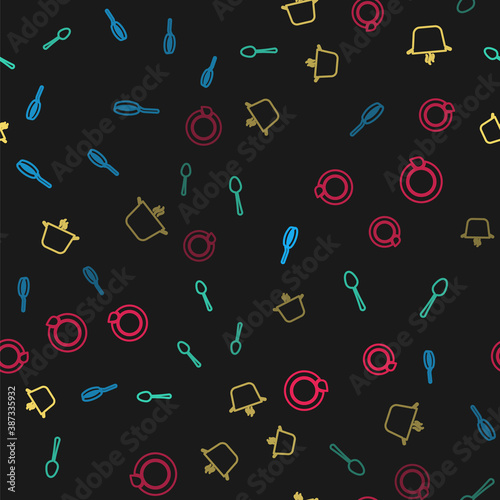 Set line Frying pan, Spoon, Cooking pot and Washing dishes on seamless pattern. Vector.