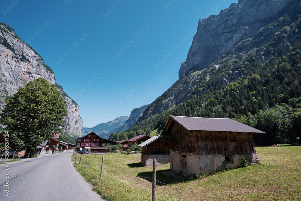 Beautiful landscape. A road through the Swiss Alps on Lauterbrunnen valley, Switzerland.