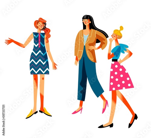 Woman recommending to friends. Girls leisure and rest vector illustration. Happy smiling girl leading way, two women thinking and deciding. People together isolated on white background
