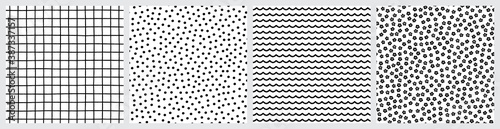 Crossed lines, squared paper, confetti, waves and minimalistic florals black and white seamless patterns.