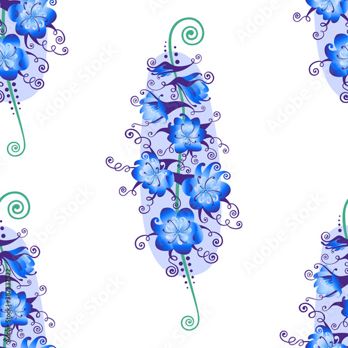 The stylized image of delphinium flowers on a white background. Seamless pattern. Vector graphics