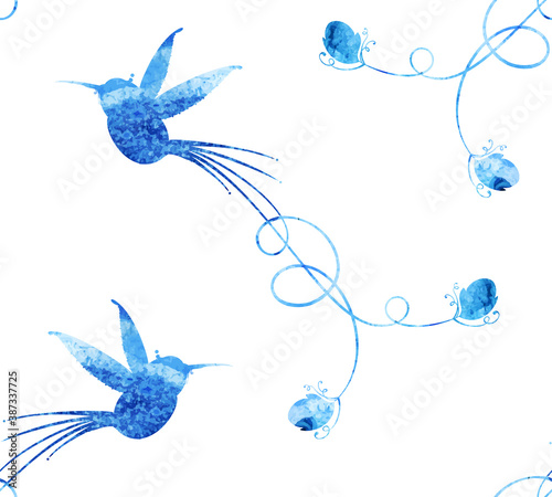 Watercolor silhouette of a hummingbird on a white background. Seamless pattern. Vector graphics
