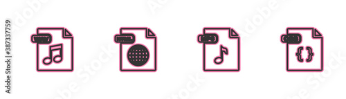 Set line WAV file document, MP3, HTML and CSS icon. Vector.