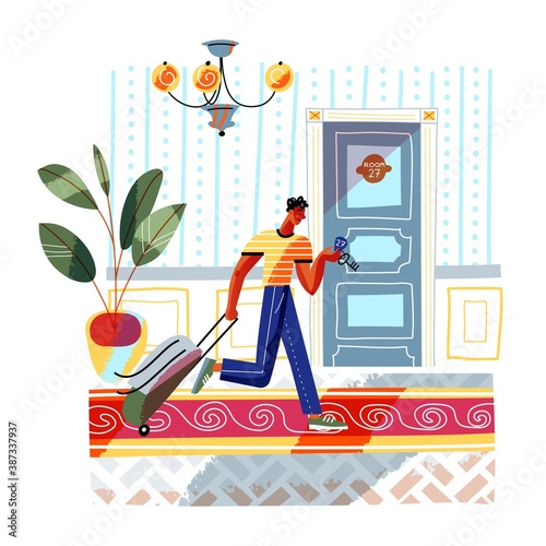 Man entering room with key in hotel. Guy standing with luggage at door in hall. Happy holiday vacation vector illustration. People staying at modern hotel, travel indoor scene