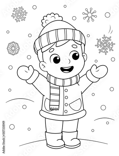 Coloring page of a cute cartoon kid in winter clothes enjoying the snow. Coloring book for kids