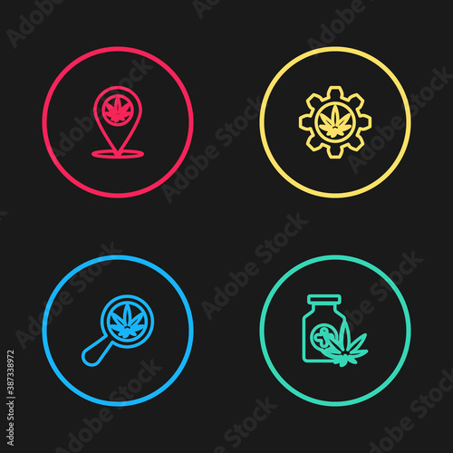 Set line Magnifying glass and marijuana, Medical bottle with, Test tube and Location icon. Vector.