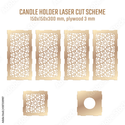 DIY Laser Cutting Vector Scheme for Candle Holder. Woodcut Lantern plywood 3mm. Oriental Floral design.