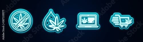 Set line Stop marijuana, Marijuana or cannabis leaf oil, Online buying and Shopping cart with. Glowing neon icon. Vector.