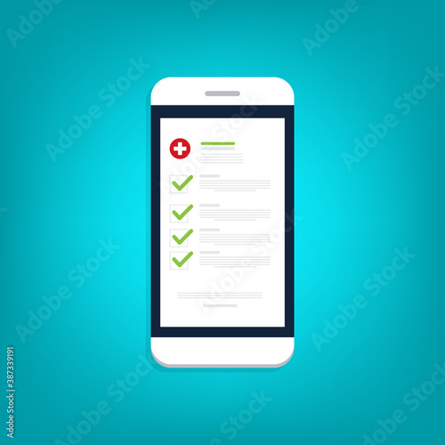 Medical prescription online or digital medicine test results with approved check mark form on mobile phone, cellphone with clinic checklist, flat cartoon modern vector illustration.