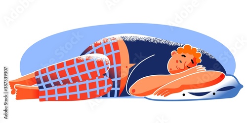 Young man sleeping on pillow at home. Happy boy lying in pajamas asleep at night. Bedtime at house vector illustration. Resting and smiling in sleep