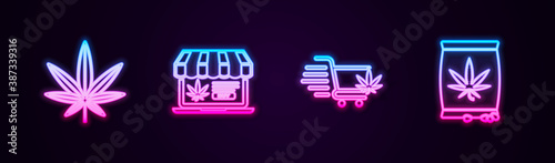 Set line Marijuana or cannabis leaf, Online buying marijuana, Shopping cart with and seeds. Glowing neon icon. Vector.