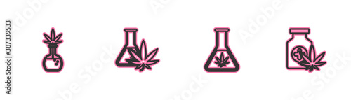 Set line Test tube with marijuana, , and Medical bottle icon. Vector.