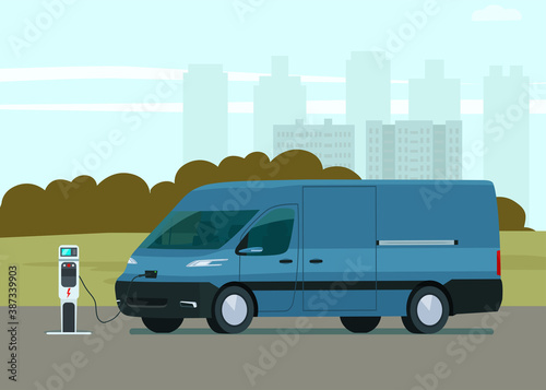 Electric cargo van against the background of an abstract cityscape. Electric car is charging. Vector flat style illustration.