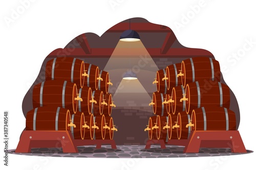 Wine restaurant storage with barrels and kegs background. Table with jug and glasses of wine. Wooden winery interior design. Organic produce vector illustration. Beverage traditional business