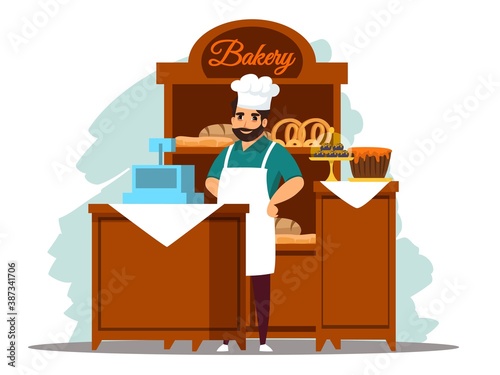 Man baker sells fresh organic bread and bakery in street shop. Seasonal outdoor farmer local market. Vector concept of retail business, small business, private enterprise, healthy food.