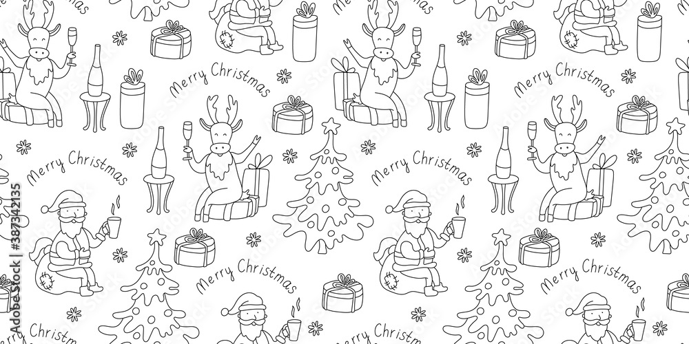 Vector seamless pattern with Christmas trees, deer and Santa  drinking champagne, gift boxes and snowflakes on white background. Doodle sketch style. Black outline. Great for fabrics, wrapping papers.