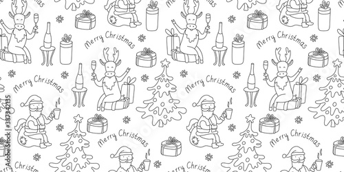 Vector seamless pattern with Christmas trees  deer and Santa  drinking champagne  gift boxes and snowflakes on white background. Doodle sketch style. Black outline. Great for fabrics  wrapping papers.