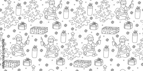 Vector seamless pattern with Santa sitting on a bag with gifts and drinking hot tea, Christmas trees. White background. Doodle sketch style. Black outline. Great for fabrics, wrapping papers.
