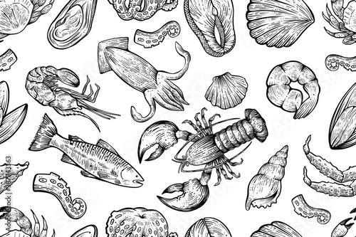 Seafoos seamless pattern. hand drawn vector