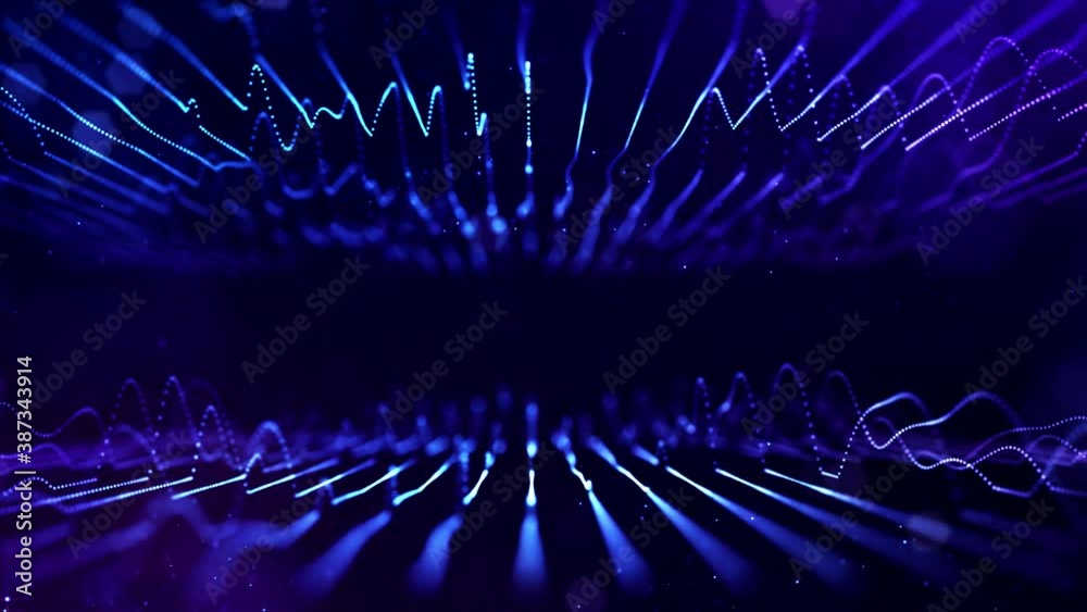 4k looped sci-fi particle background of microworld or space with bokeh and light effects. Glow blue particles form lines, surfaces, complex string structures in smooth motion.