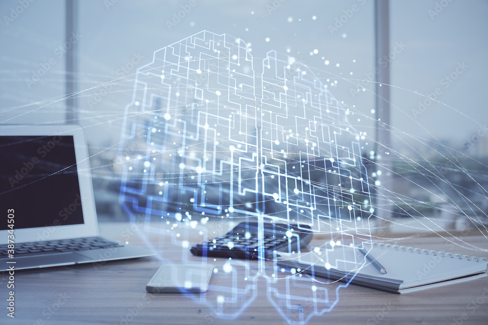 Multi exposure of work space with computer and human brain hologram. Brainstorm concept. Multi exposure of work space with computer and human brain hologram. Brainstorm concept.