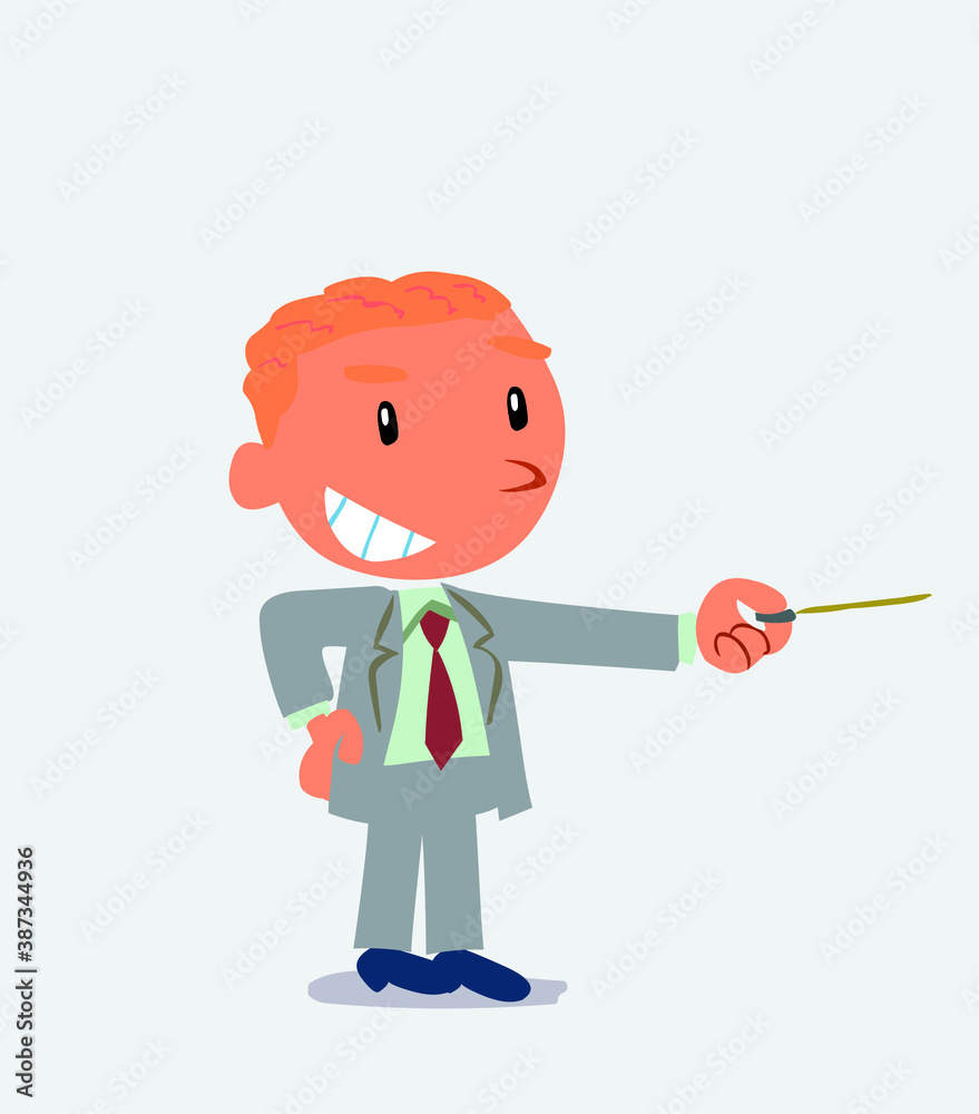  happy cartoon character of businessman points with pointer to the side