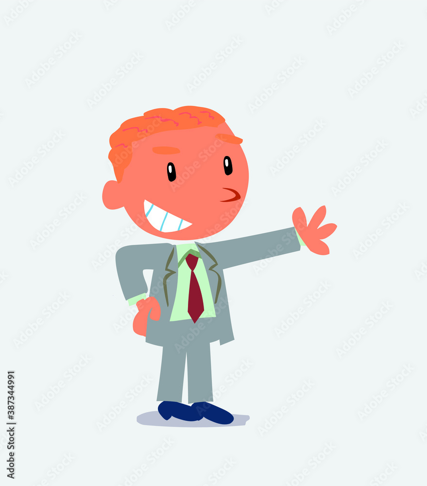 Pleased cartoon character of businessman points to something