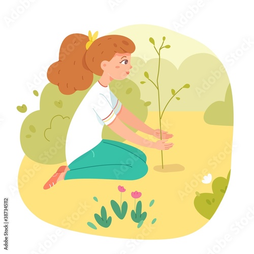 Girl planting tree into soil. Happy smiling girl putting new tree in ground in garden. Outdoor leisure activity in park vector illustration. Fun recreation in summer or autumn