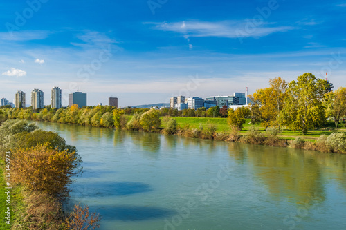 Croatia  city of Zagreb  Sava river and modern towers skyline in autumn