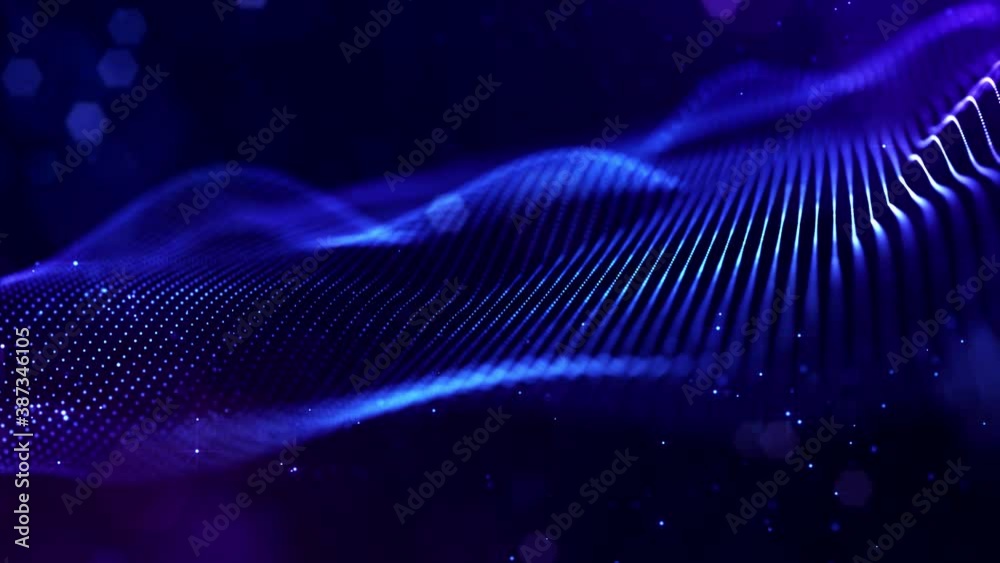 4k looped sci-fi particle background of microworld or space with bokeh and light effects. Glow blue particles form lines, surfaces, complex string structures in smooth motion.