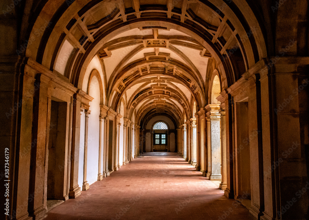 Castle Hallway With Outside Light And Ribbed Vaulted Ceiling. Tomar, Portugal.