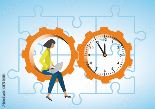 Sitting in gearwheel, clock and puzzle pieces. Vector illustration. EPS10.