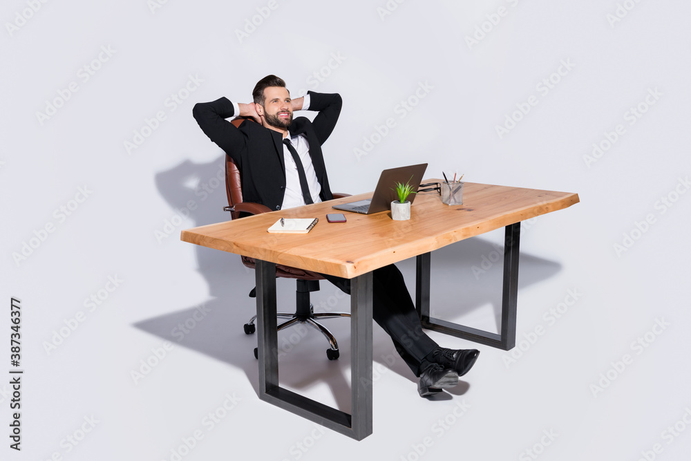 custom made wallpaper toronto digitalIt's finally friday Full size photo of handsome business guy notebook table have break hands behind head dreamer wear blazer shirt pants shoes suit sit chair isolated grey background