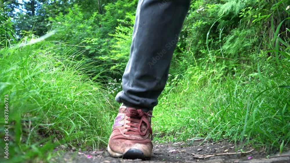 Lower Body Of A Man Walking On The Trail With Lush Grass - slow motion Lower Body Of A Man Walking On The Trail With Lush Grass - slow motion