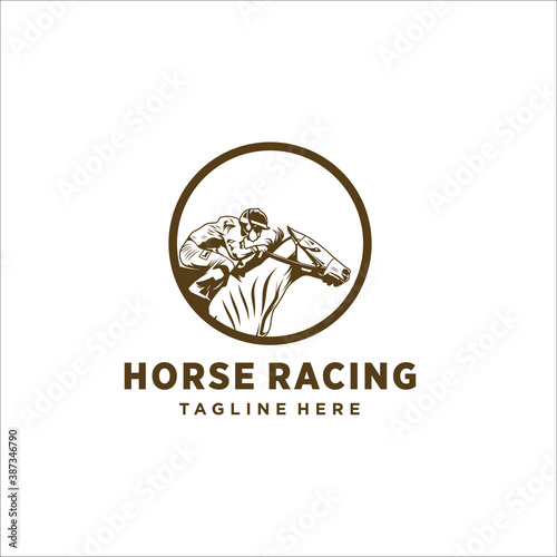 Horse racing. Jockey on racing horse running to the finish line. Race course