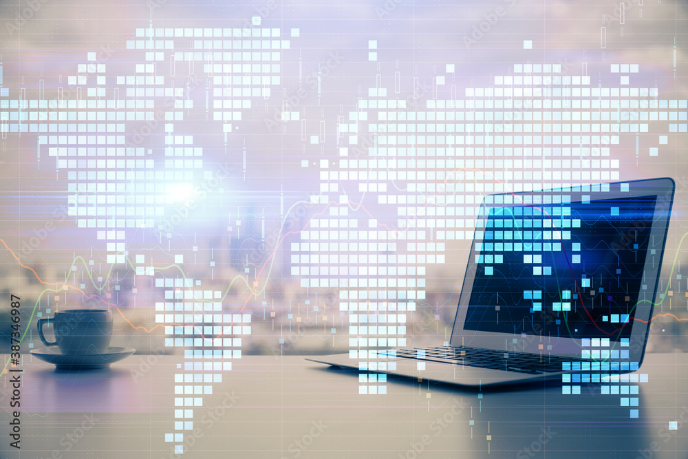 Multi exposure of business theme icons and work space with computer background. Concept of success. Multi exposure of business theme icons and work space with computer background. Concept of success.