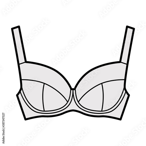 Bra full support lingerie technical fashion illustration with full adjustable wide shoulder straps, hook-and-eye closure. Flat brassiere template front grey color style. Women men underwear CAD mockup
