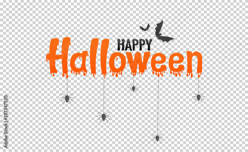 Orange happy halloween text banner with bats flying, spider, spider web,  isolated on png or transparent     background, font design , sale template ,website, poster,  vector  illustration