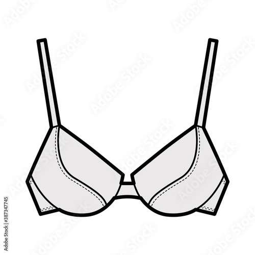 Push-up padded bra lingerie technical fashion illustration with full adjustable shoulder straps, molded cups, hook-and-eye closure. Flat template front grey color style. Women men underwear CAD mockup