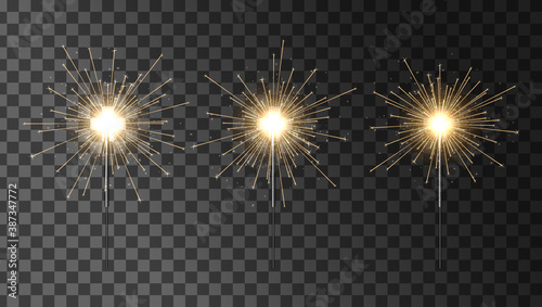 Bengal fire vector set. Set of sparklers. Festive Christmas sparkler decoration lighting element. Magic light isolated effect.