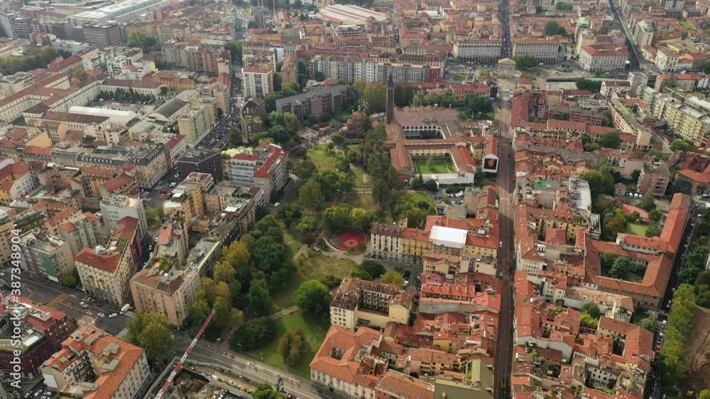 Milan, Italy: Aerial view of historic city center - landscape panorama of Europe from above Milan, Italy: Aerial view of historic city center - landscape panorama of Europe from above