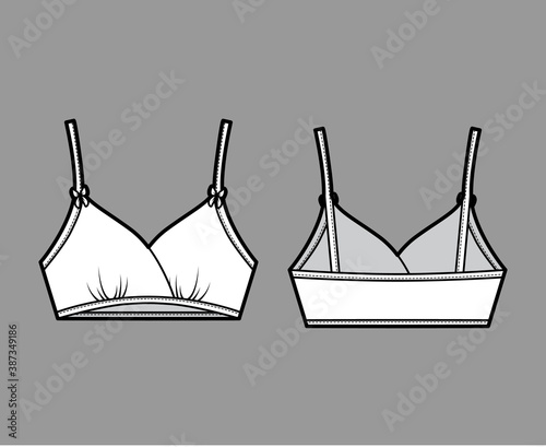 Training Bra lingerie technical fashion illustration with bow, Wire-free, under-chest band. Flat sports brassiere template front, back white color style. Women men unisex underwear CAD mockup