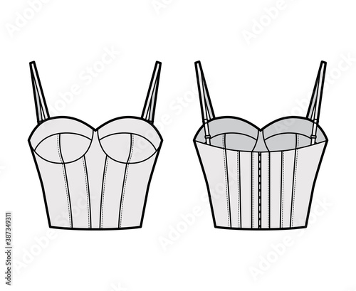 Bra longline lingerie technical fashion illustration with adjustable shoulder straps, molded cup, hook-and-eye closure. Flat template front back grey color style. Women men unisex underwear CAD mockup