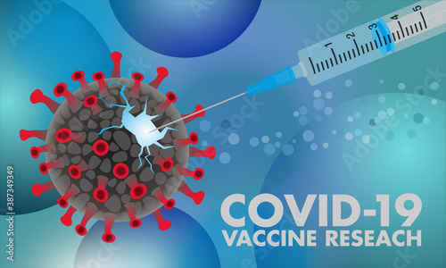 Bannière ou affiche sur la recherche d’un vaccin pour lutter contre la Covid 19 avec une seringue qui injecte un liquide qui détruit le virus.